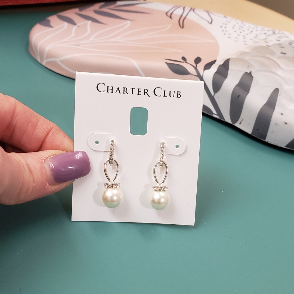 Charter Club, NWT, Silver tone pearl drop dangle jeweled pierced earrings - Picture 3 of 10